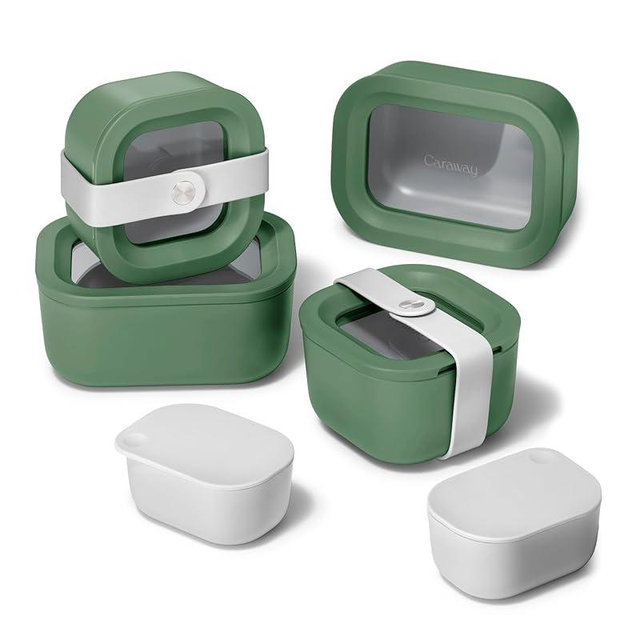 Caraway Mini Food Storage 11pc Set - Glass Storage Containers for Food - Non-Toxic Ceramic-Coated Glass - Air Release Technology - Compact & Stackable Design - Sage