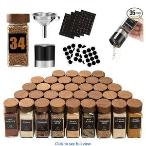 Yangbaga 34Pcs Glass Spice Jars with Labels-4oz Acacia Wood Lid Square Spice Containers with Pepper Grinder Lids &Funnel,Seasoning Jars for Rack Cabinet Drawer