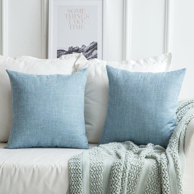 MIULEE Pack of 2 Decorative Throw Pillow Covers Linen Burlap Square Solid Farmhouse Modern Concise Throw Cushion Case Pillowcase for Sofa Car Couch 20x20 Inch 50x50 cm Light Blue