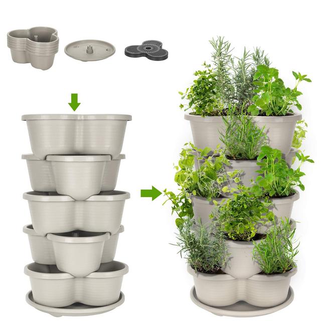 Amazing Creation Stackable Planter Vertical Garden for Growing Strawberries, Herbs, Flowers, Vegetables and Succulents| Indoor/Outdoor 5 Tier Gardening Tower| Vertical Planter (Off-White)