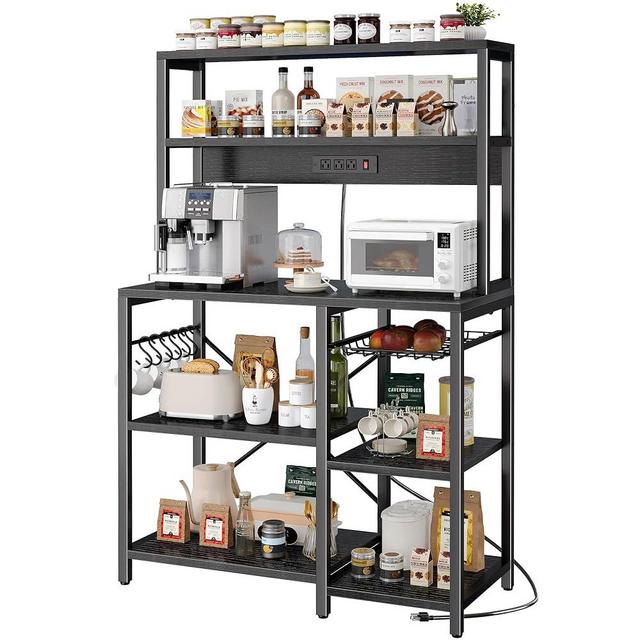 SUPERJARE Bakers Rack with Power Outlet, 35.4 Inches Coffee Bar with Wire Basket, Kitchen Microwave Stand with 6 S-Shaped Hooks, Open Storage Shelves, Black