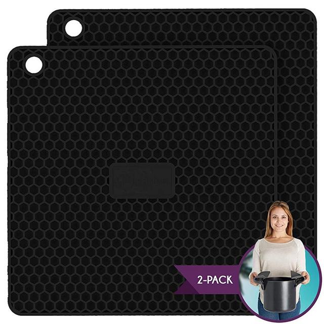 PratiPad Plus 4-in-1 Multipurpose Silicone Pot Holders, Trivets, Jar Openers, Spoon Rests - Extra Thick Protection - Set of 2 - Black