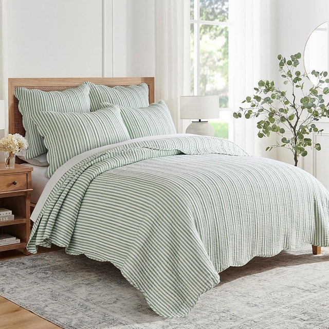 Levtex Home Martha Stripe Sage Reversible Full/Queen Quilt Set (88x92in) with 2 Pillow Shams (26x20in) - Stripe Bedding - Sage, White - Cotton Queen Size Quilt Bedding Set - Scalloped Edge