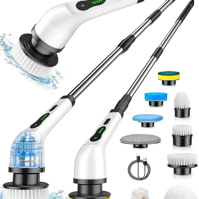 Electric Spin Scrubber, Cordless Cleaning Brush, Shower Scrubber with 8 Brush Heads 2H Power Dual Speed, Adjustable Extension Handle, IPX7 Waterproof for Tub Tile Floor Car, PA-25