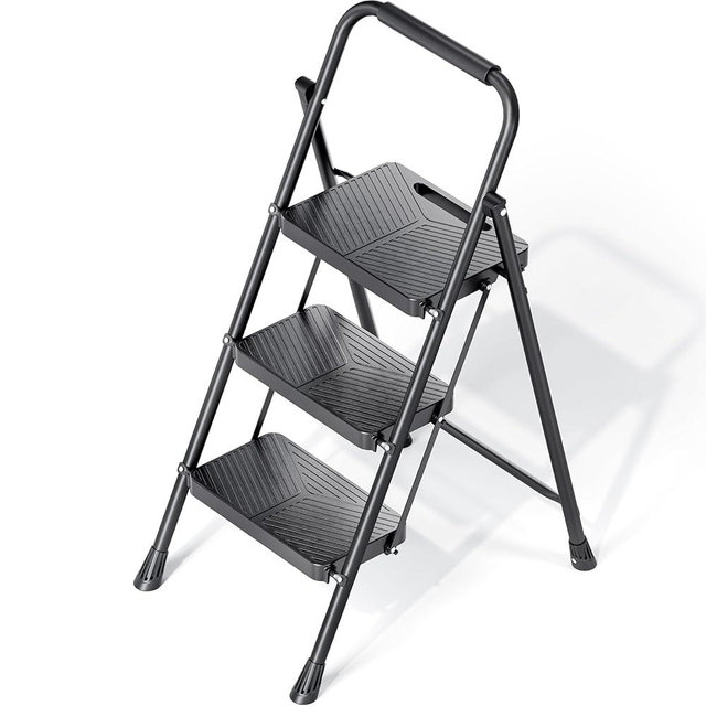 KINGRACK Folding 3 Step Ladder, Portable Ladder for Multi-Purpose, Home, Kitchen, Heavy Sturdy Steel Step Stool with Anti-Slip Wide Pedals, Handrail, Safe-Lock Design, Pass 500lbs Load Testing, Black