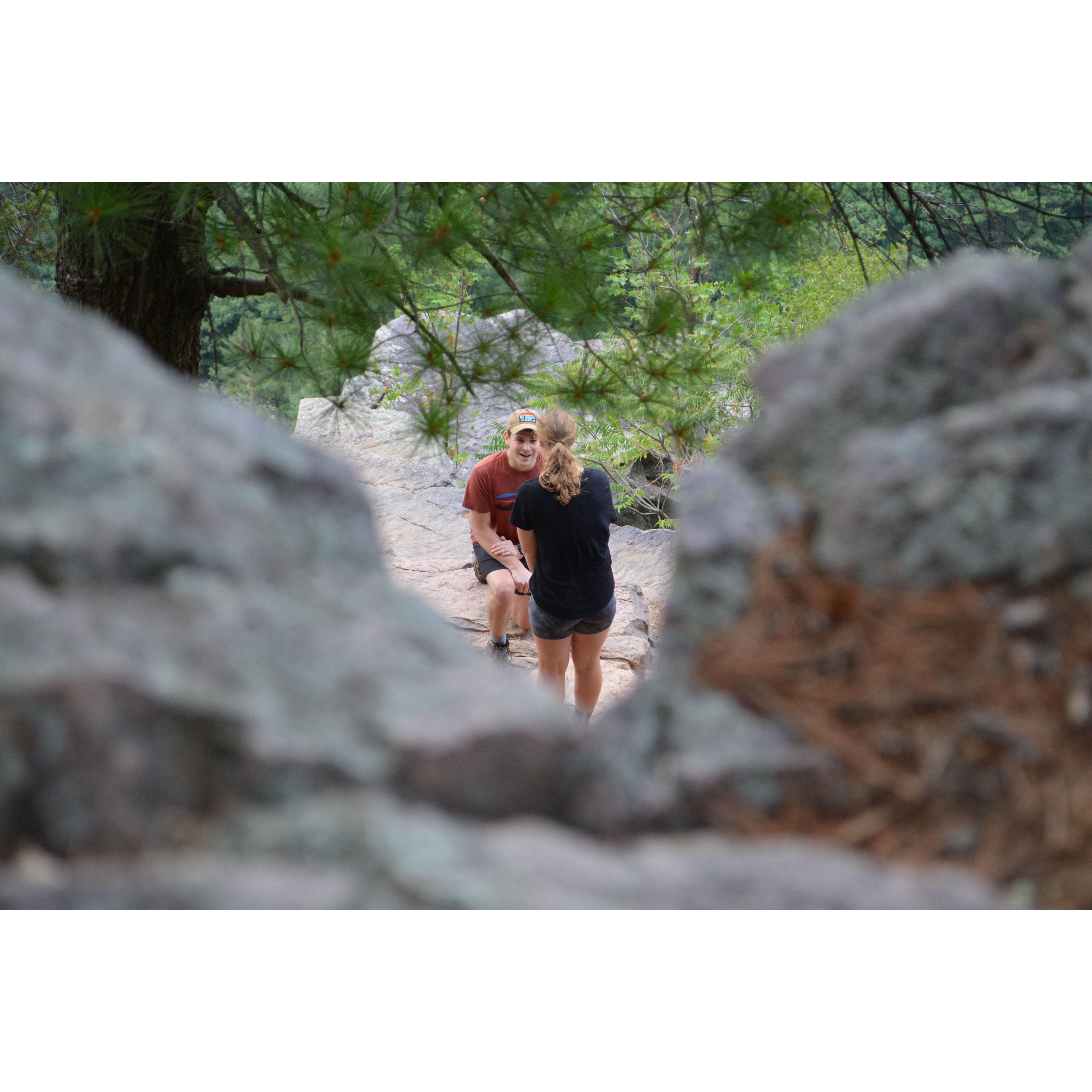 The moment that led to this day - Cullen proposing to Lauren at Devil's Lake. This photo was courageously captured by Groomsman, Tony.
