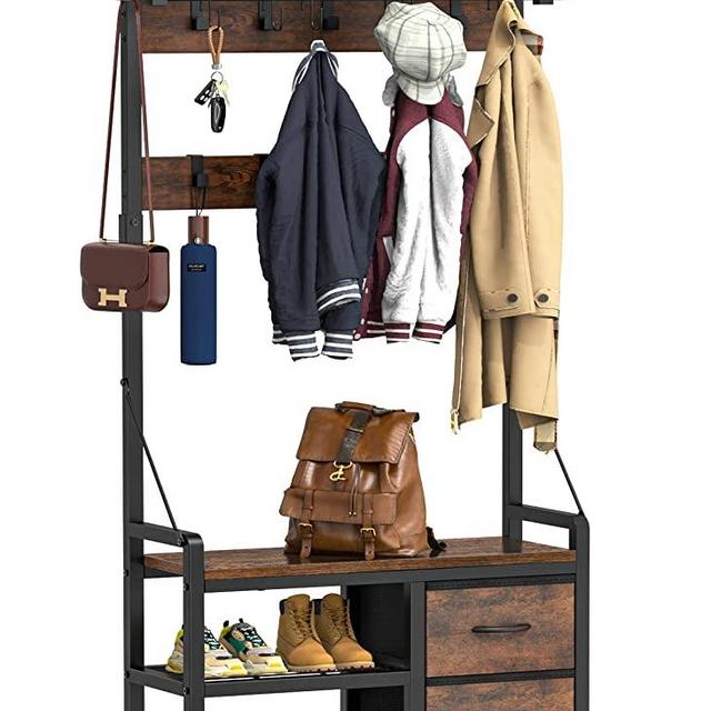 Lulive Hall Tree, 31” Entryway Bench with Coat Rack freestanding, 4 in 1 Intelligent Design Shoe Bench and Wall Rack 17 Hooks and Drawers (Rustic Brown)