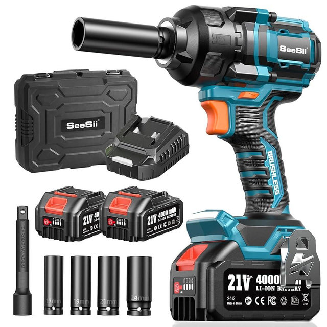 SEESII Impact Wrench 886 FT-LBS(1200N.m) 2900IPM 1/2 Impact Gun High Torque Electric Cordless Impact Wrench with 21V 2x4.0Ah Battery 5 Sockets and Case for Home Car Truck Tire Lug Nut Removal Tool Set
