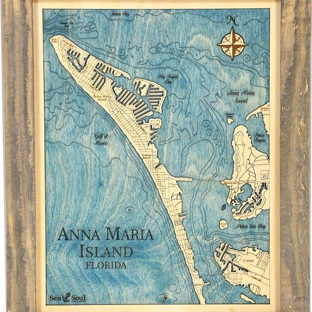 Sea & Soul Anna Maria Island Nautical Chart Art, Made in the USA, 3D Wood Map, 3-D Nautical Wood Chart, Wood Wall Art 13”x16”, Lake Art, Nautical Gift, Lake House Decor (Rustic Pine – Blue Green)