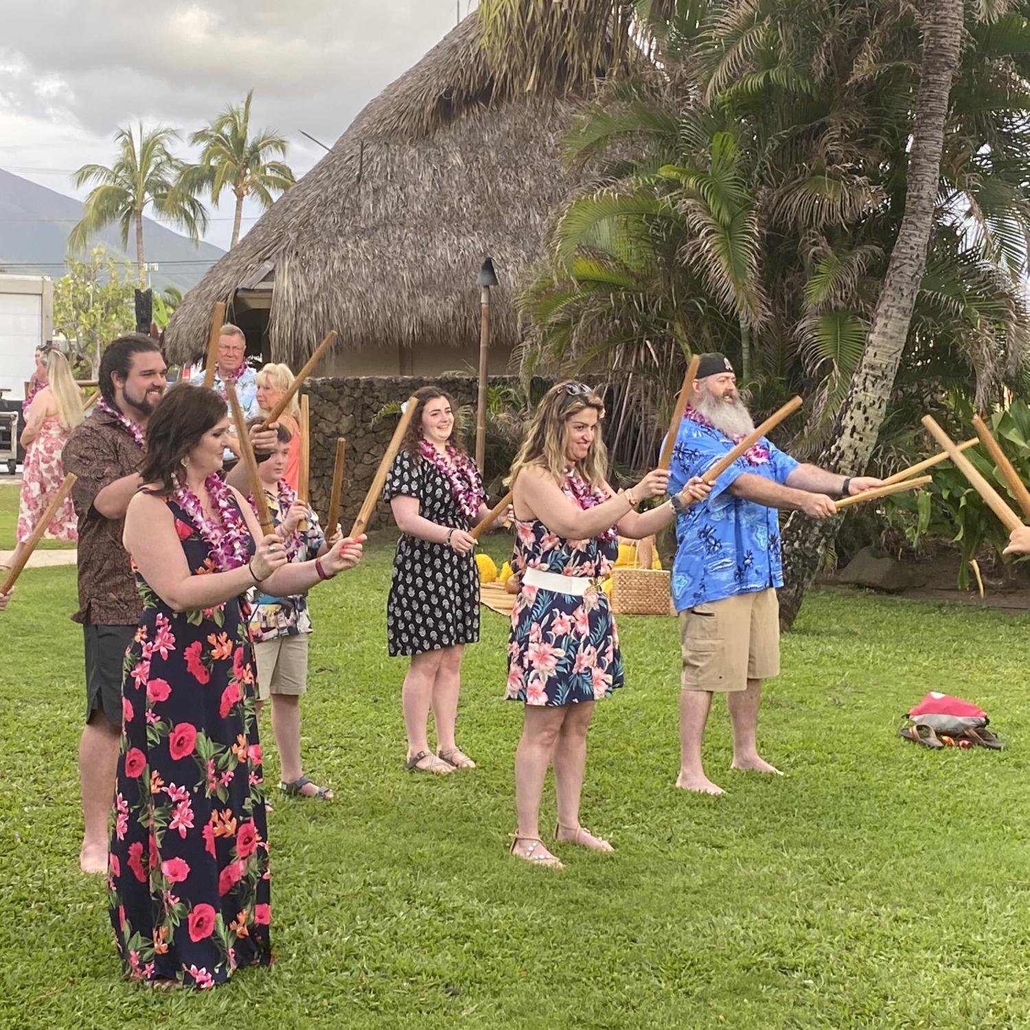 April 8, 2023. Almost everyone that came learned how to do a hula dance with sticks. Sarah was the photographer since she was in a boot.