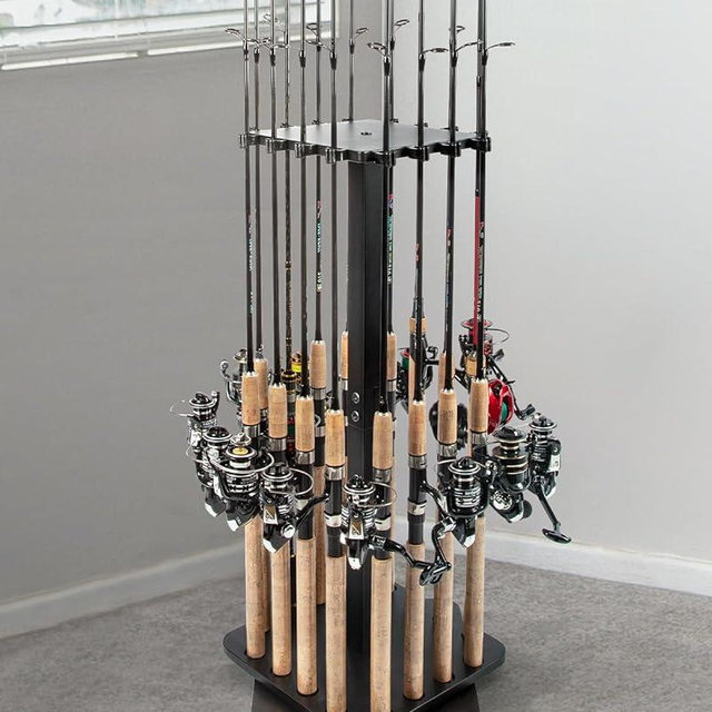 Ghosthorn Fishing Rod Holders for Garage 360 Degree Rotating Fishing Pole Rack, Floor Stand Holds up to 16 Rods Wood Fishing Gear Equipment Storage Organizer, Fishing Gifts for Men