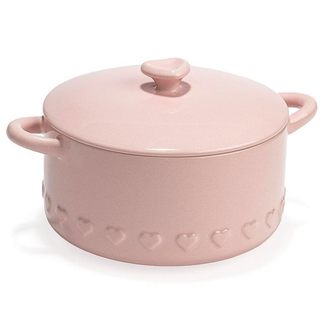 Paris Hilton Iconic Ceramic Stoneware Casserole Dish With Lid, Oven Safe Up To 450°F, Dishwasher & Microwave Safe, 28oz, Pink with Embossed Heart Design