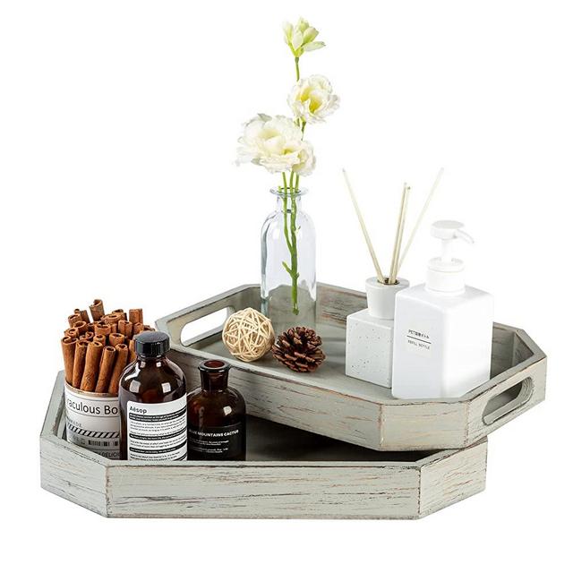 2PCS Whitewash Wood Serving Trays for Coffee Table Ottoman Living Room, Rustic Breakfast Trays for Food Eating Christmas New Years Decor(Grey)