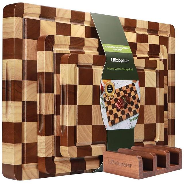 Checkerboard Cutting Board, Acacia Wood Cutting Board, Solid Wooden Chopping Board Set of 3 for Kitchen with Holder with Deep Juice Grooves & Built-in Handles, for Meat, Vegetables and Fruits