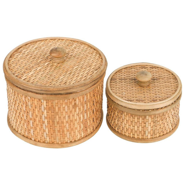 HUAXIN CRAFT H Rattan Round Decorative Storage Box with lid, Set of 2(Natural 7 inches and 5 inches Diameter)
