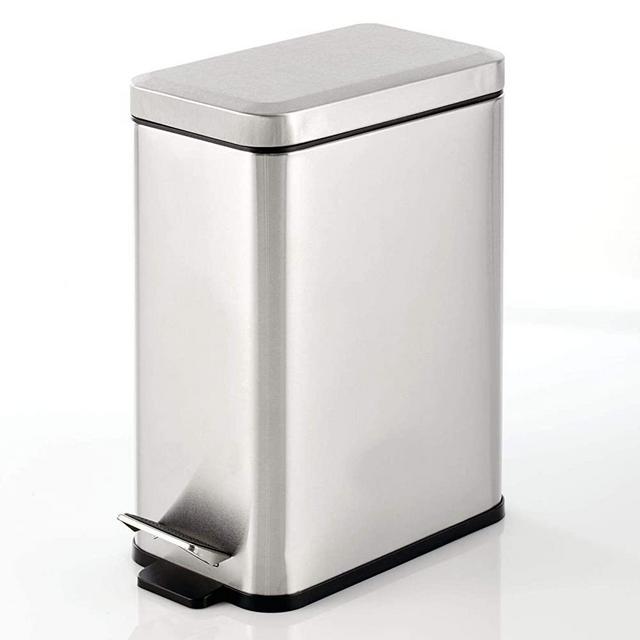 mDesign 2.6 Gallon Rectangular Steel Step Trash Can Wastebasket, Garbage Container Bin for Bathroom, Powder Room, Bedroom, Kitchen, Craft Room, Office - Removable Liner Bucket - Brushed Steel