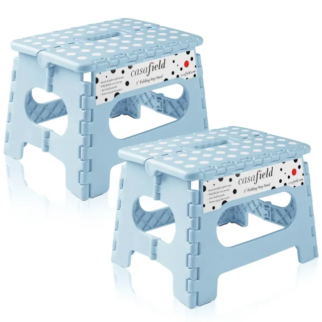 Casafield 9" Folding Step Stool with Handle - Light Blue, Collapsible Foot Stool for Kids and Adults, Use in Kitchen and Bathroom