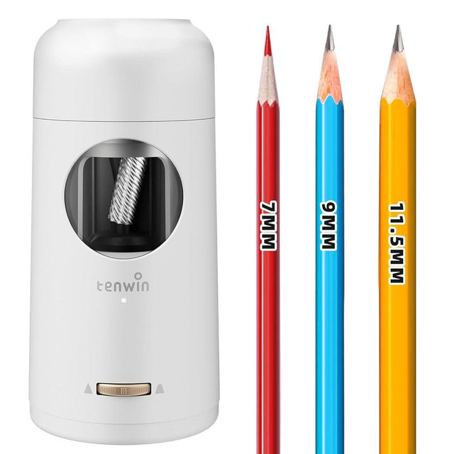 tenwin Rechargeable Electric Pencil Sharpener, Fully Automatic Pencil Sharpener for 7-11.5mm Jumbo Pencils, Hands-Free Sharpener for Colored Pencils, Auto in&Out, Adjustable Pencil Nibs, Silver