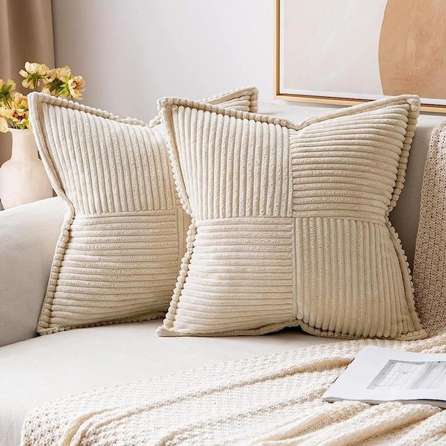 MIULEE Corduroy Pillow Covers with Splicing Set of 2 Super Soft Boho Striped Pillow Covers Broadside Decorative Textured Throw Pillows for Spring Couch Cushion Livingroom 16 x 16 inch, Beige