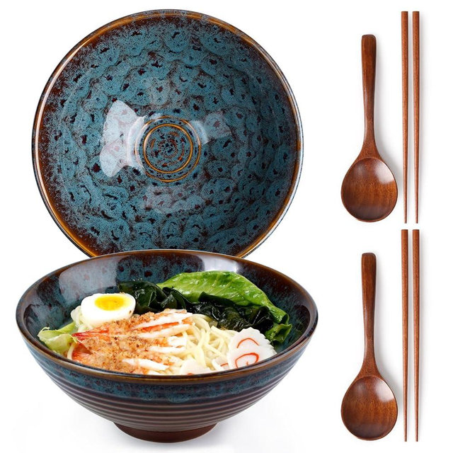 NUTRIUPS 8 Inch Ceramic Ramen Bowl Set of 2 Pho Bowls Japanese Noodle Udon Soup Bowls with Spoons and Chopsticks (Peacock Tail)