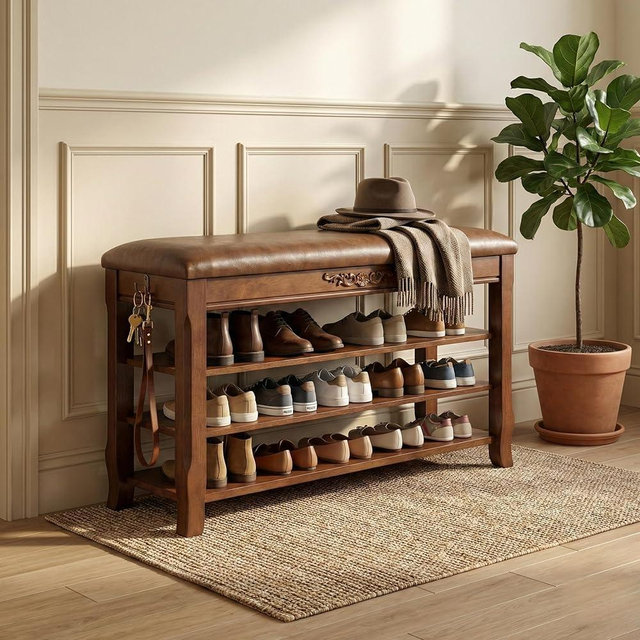 Shoe Rack Bench Entryway Storage with Leather Cushion, Shoe Organizer Bench for Entryway, Front Doors Entrances Hallway,Mudroom,Closet, Bedroom,Solidwood 3 Height-Adjustable Removable Shelve,39.4"