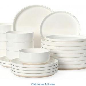 Plates and Bowls Sets, Scratch Resistant Dinnerware Sets for 8, 24 Pieces Porcelain Ceramic Dishware Dishes Set, Modern Stoneware Kitchen Dinner Set, Microwave and Dishwasher Safe, Cream White
