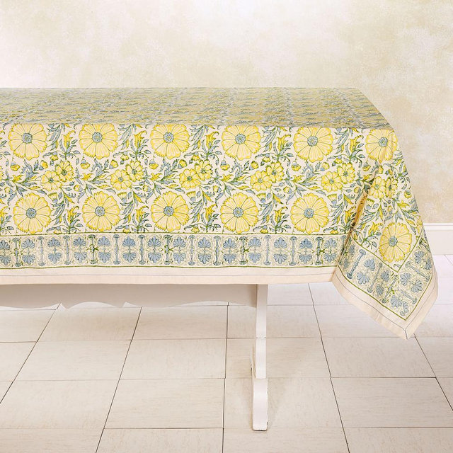 Bloom Wheat Hand Block Printed Tablecloth, 60"x60"