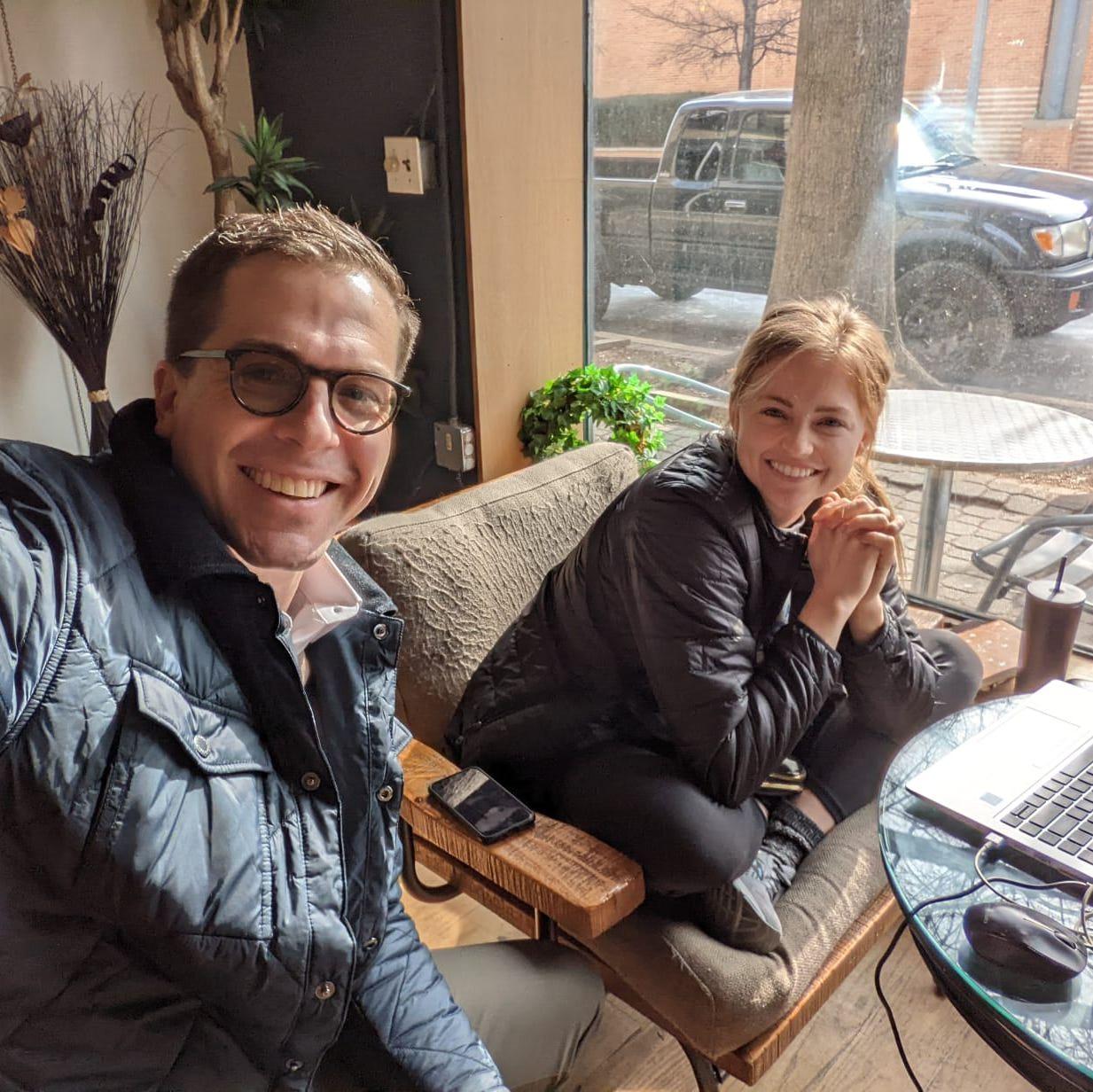 Our first selfie - January '22 at Three Whistles Coffee in Arlington.