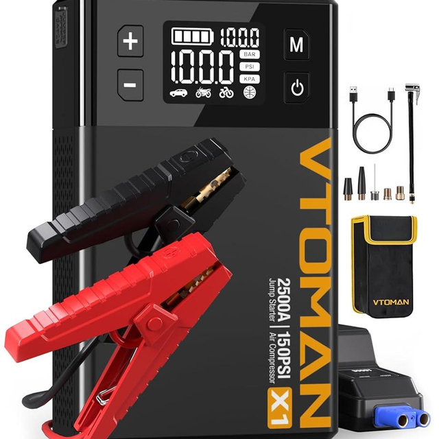 VTOMAN X1 Jump Starter with Air Compressor, Car Battery Jumper Starter (Up to 8.5L Gas/6L Diesel Engine) with 150PSI Auto Tire Inflator, 12V Portable Booster Pack, Lithium Jump Box Charger-Black