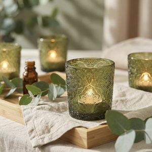 6 Pack Mandala Embossed Glass Candle Holders (Moss Green)