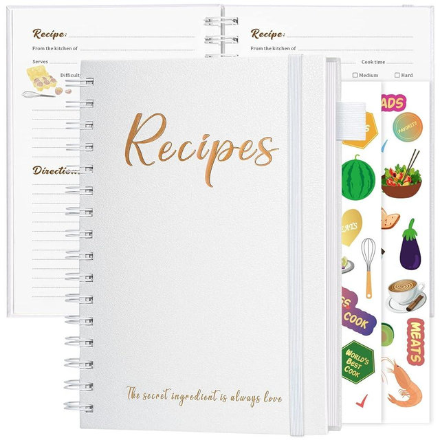 JUBTIC Recipe Book to Write in Your Own Recipes,7" x 10" Personal Blank Recipe Notebook, Sprial Leather Hardcover Recipe Journal with Page Number and 2 Colorful Stickers,Hold up to 120 Recipes - Pearl