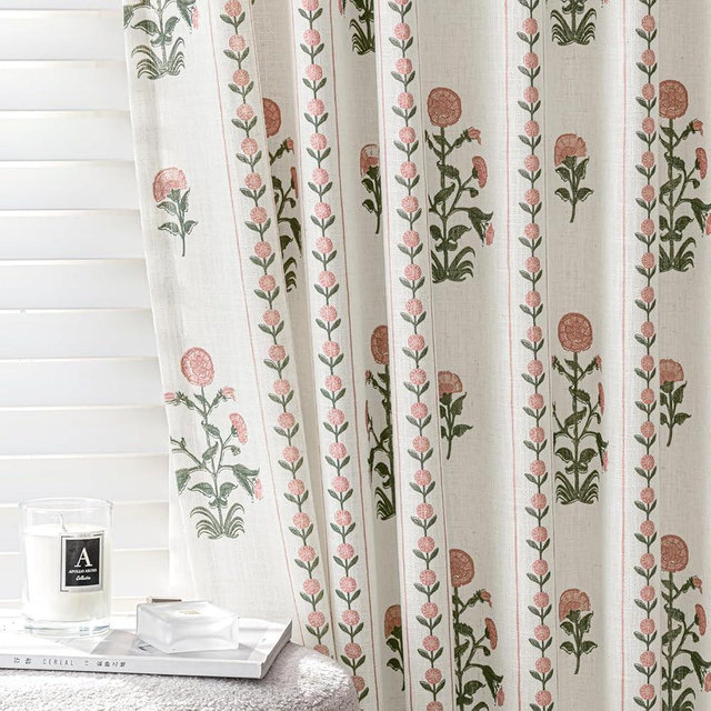 SLOZZI Floral Pinch Pleated Linen Curtains for Living Room Bedroom Dining Room, Light Filtering Memory Trained Luxury Block Print Farmhouse Pleat Drapes with Hooks, Pink & White, 40"W x 96"L,2 Panels