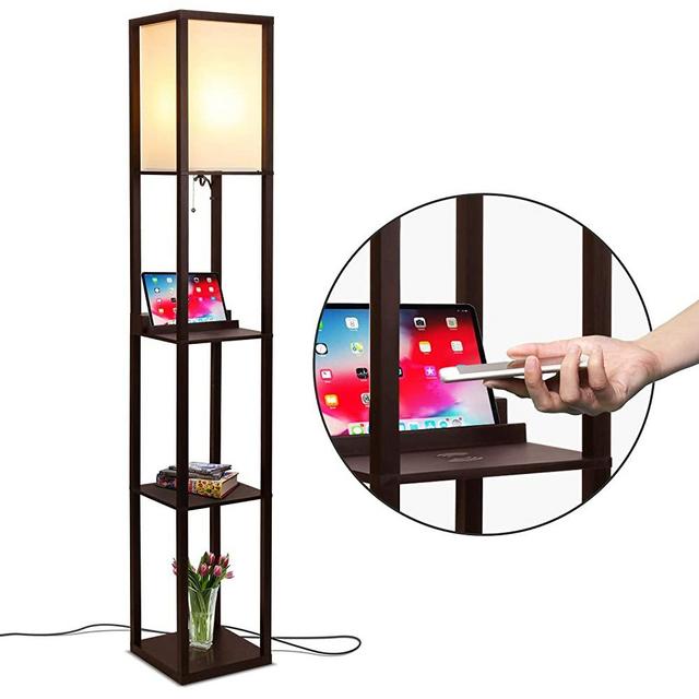 Brightech Maxwell Shelf Floor Lamp w. Wireless Charging Station, USB Port & Outlet - Column Lighting for Bedrooms, Offices & Living Rooms - Contemporary Skinny Nightstand & Tower Light - Brown