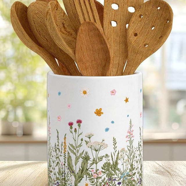 Whaline Wildflower Ceramic Utensil Holder Vintage Wild Floral Utensil Crock for Home Kitchen Countertop Storage Organizer Container