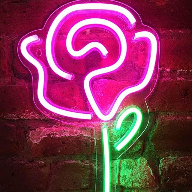 Isaac Jacobs 15" x 9" inch LED Neon Pink Rose Flower with Green Stem Wall Sign For Cool Light, Wall Art, Bedroom Decorations, Home Accessories, Party, and Holiday Decor: Powered by USB Wire (ROSE)