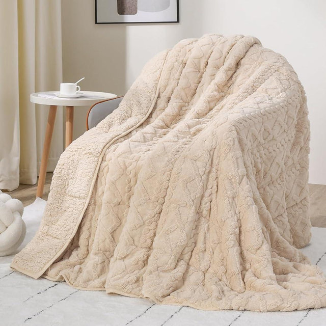 20lbs Weighted Blanket for Adults, Dual Sided Cozy Soft Fleece Bed Blanket for Winter, 3D Jacquard Cable Pattern Warm Weighted Blankets with Ceramic Beads, Beige, 60 x 80 inches