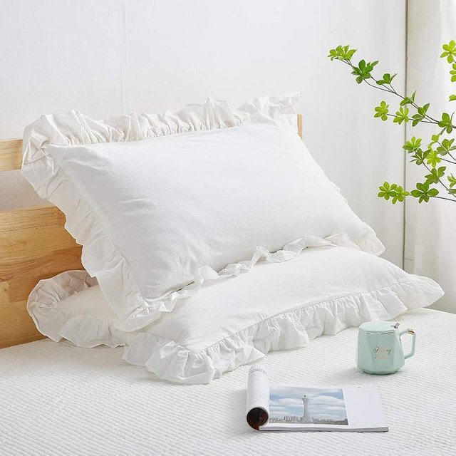 Mywinlle Shabby Off White Ruffle Pillow Shams Standard Size Set of 2, Washed Cotton Farmhouse Pillowcases Pillow Cover 20"x26"