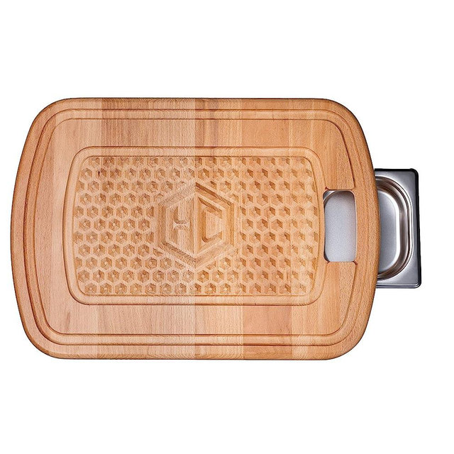 HexClad Hybrid Beechwood Double-Sided Cutting Board with Stainless Steel Drip Tray, Carrying Handle, and Juice Trenches