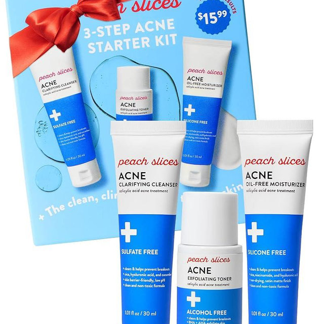 Peach Slices - 3-Step Acne Starter Kit (3 Products) - Skin Care Set - 1 Toner, 1 Cleanser, 1 Oil Free Moisturizer - 2% Salicylic Acid & Botanicals - Vegan & Cruelty Free - Korean Skin Care & Beauty