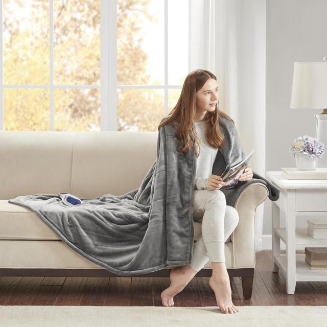 Beautyrest Heated Microlight to Berber Solid Throw, 60x70", Grey