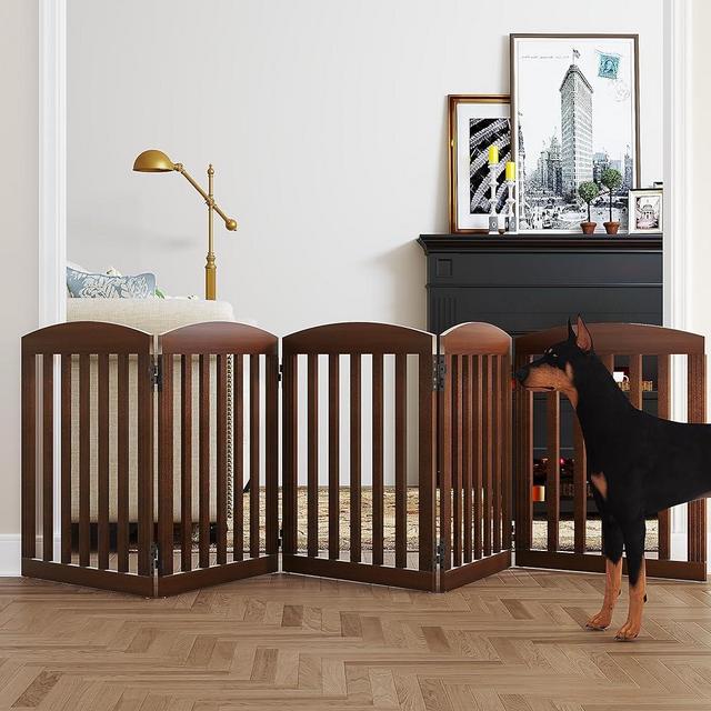 SPIRICH 120" Extra Wide 28" Tall Dog Gate Indoor, Dog Gates for Doorways, Stairs, The House, Wooden Freestanding Foldable Pet Gate, Step Over Puppy Safety Fence, 5 Panels, Brown