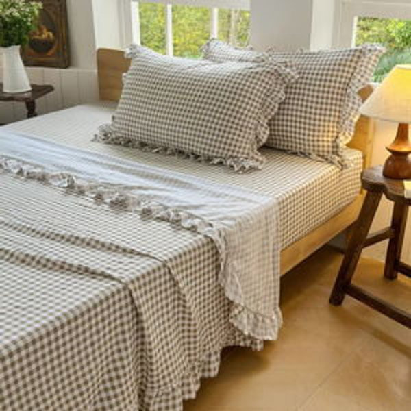 Gingham Ruffle Sheet Set, Soft Pre-Washed Microfiber Plaid Ruffled Bed Sheets, Farmhouse Sheet Set with Deep Pocket - Tan Gingham, King
