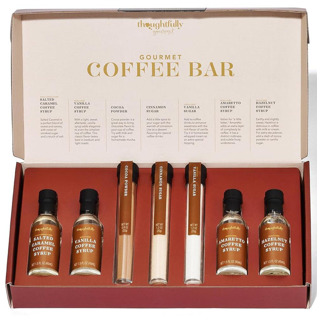 Thoughtfully Gourmet, Coffee Bar Gift Set, Includes 4 Delicious Syrups, 2 Flavored Sugars and 1 Cocoa Powder to Elevate Your Coffee, Set of 7