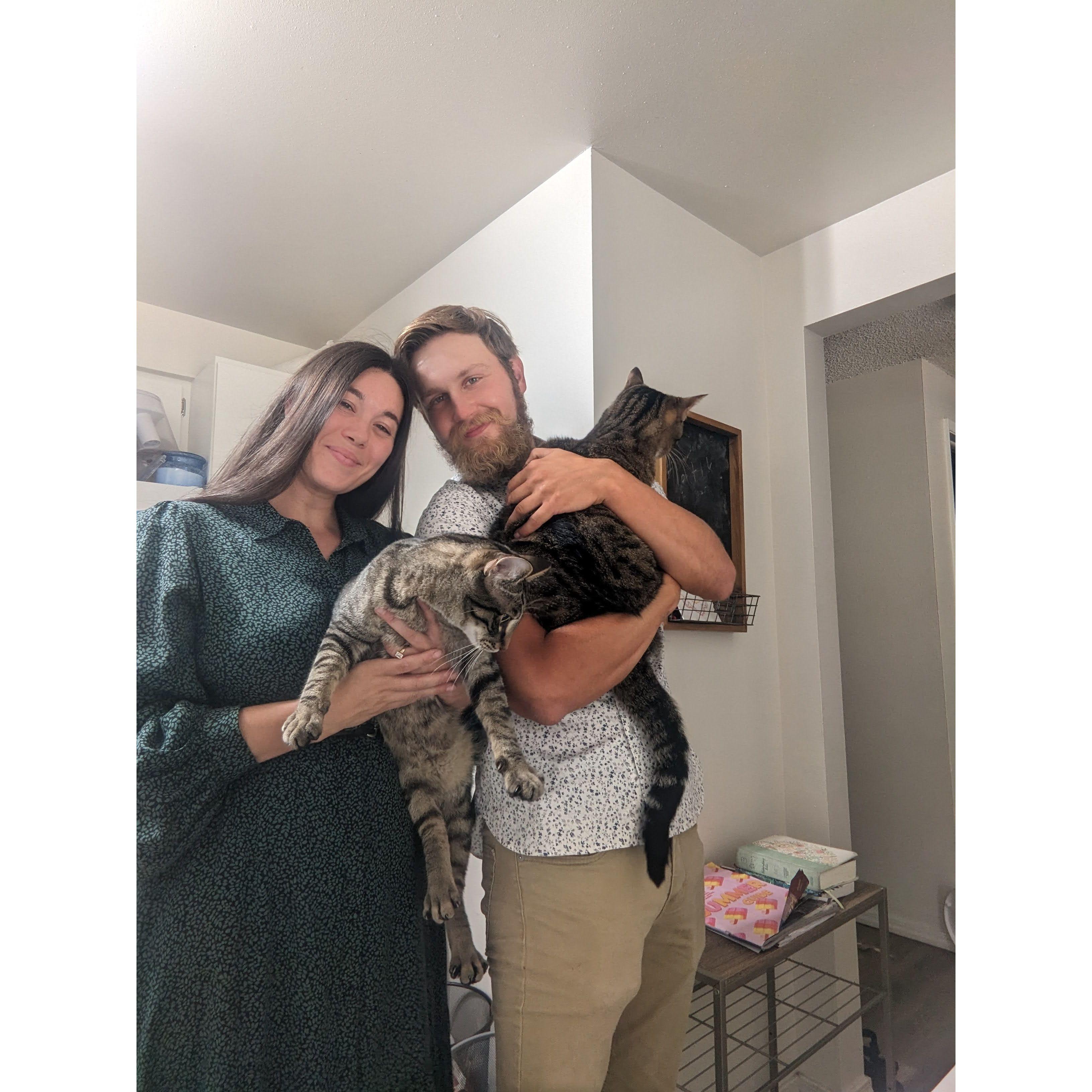 Family photo, with Aaron comes his two sibling kitties Rocky and Nala.