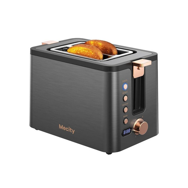 Mecity Toaster 2 Slice Stainless Steel Body Timer, Bagel/Defrost/Reheat/Cancel Functions,Warming Rack, Removable Tray, 6 Browning Settings, Extra Wide Slots, Bread Toaster, 120V 800W Grey