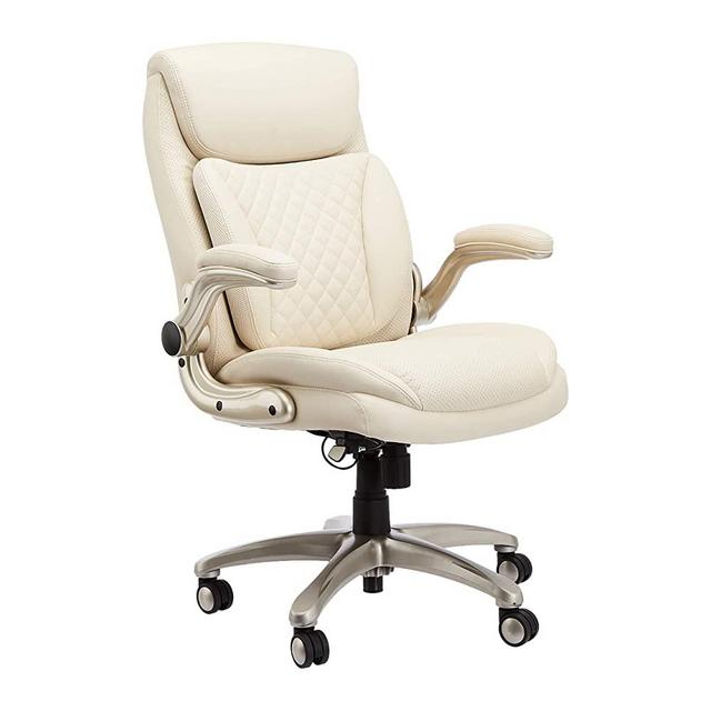 AmazonCommercial Ergonomic High-Back Rhombus-Stitched Leather Executive Chair, with Flip-up Armrests and Motive Lumbar Support, Cream/Ivory