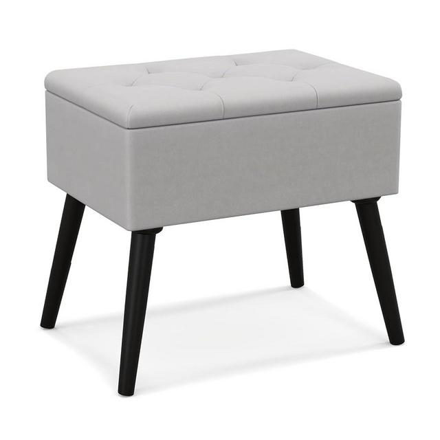 GOFLAME Vanity Stool Chair with Storage, Velvet Ottoman Foot Rest with Solid Wood Legs & Flip-Up Padded Seat, Modern Shoe Changing Stool for Makeup Room, Entryway, Bedroom, Grey