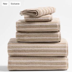 Organic Turkish Cotton Sand Beige and Crisp White Stripe Bath Towels, Set of 6 + Reviews | Crate & Barrel