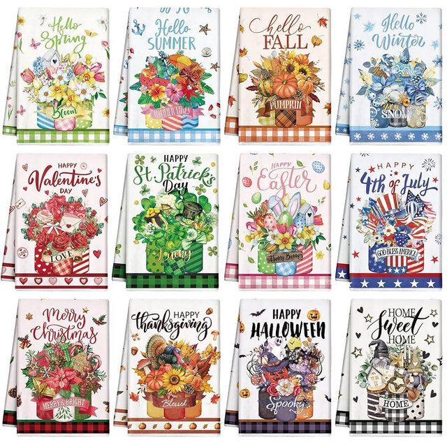 FuWeave 12 Pcs Seasonal Kitchen Towels Set for All Holidays Mason Jar Flowers Dish Towels Fall Halloween Christmas Hand Towels Absorbent Tea Towels Decorative Dishcloths, 21.3 x 14.2 Inch