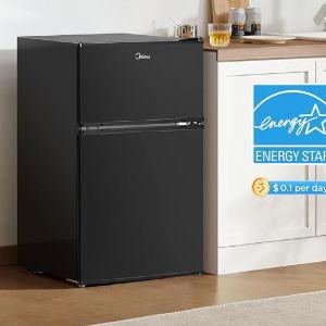 Midea Double Door Mini Fridge with Freezer for Bedroom Office or Dorm with Adjustable Remove Glass Shelves Compact Refrigerator, 3.1 cu ft, Black